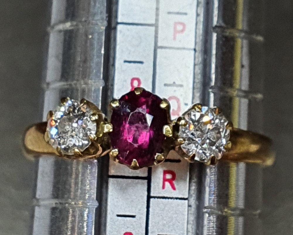 Antique Ruby & Diamond Trilogy Ring 18ct Gold Band Size Q c1930s View IV