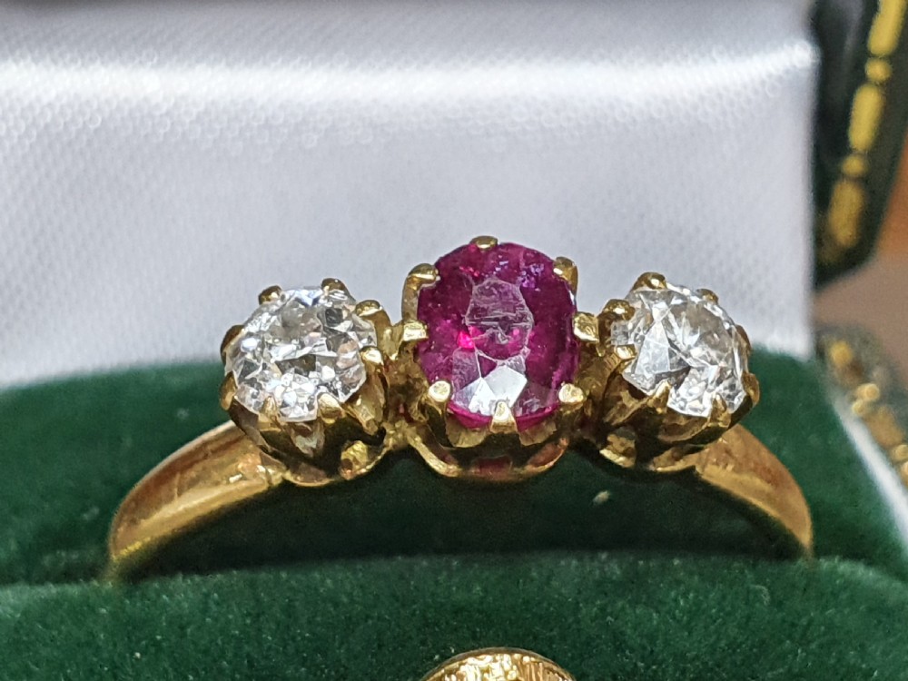 Antique Ruby & Diamond Trilogy Ring 18ct Gold Band Size Q c1930s View II