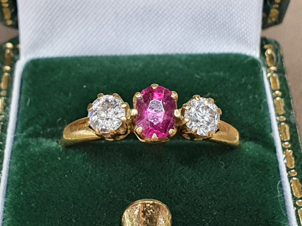 Antique Ruby & Diamond Trilogy Ring 18ct Gold Band Size Q c1930s View III