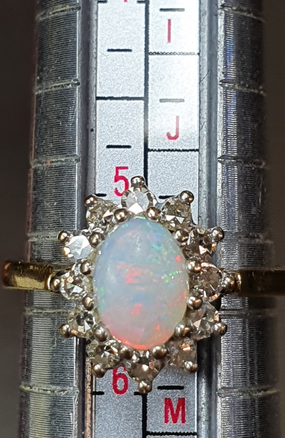 Fiery Opal & Diamond Halo on 18ct Gold Band - size K 1/2 View VI
