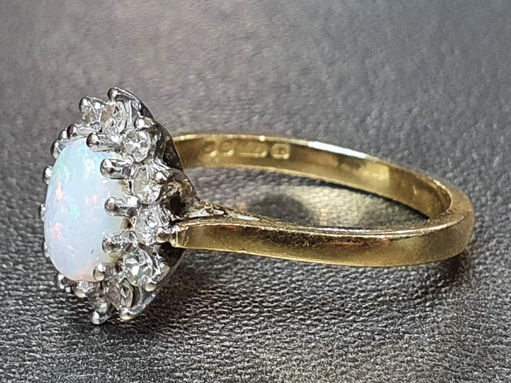 Fiery Opal & Diamond Halo on 18ct Gold Band - size K 1/2 View II