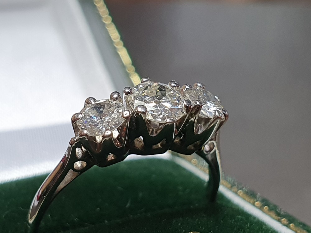 Antique 18ct White Gold 1.00ct Old Cut Diamond Trilogy Ring c1920 (N1/2) View VII