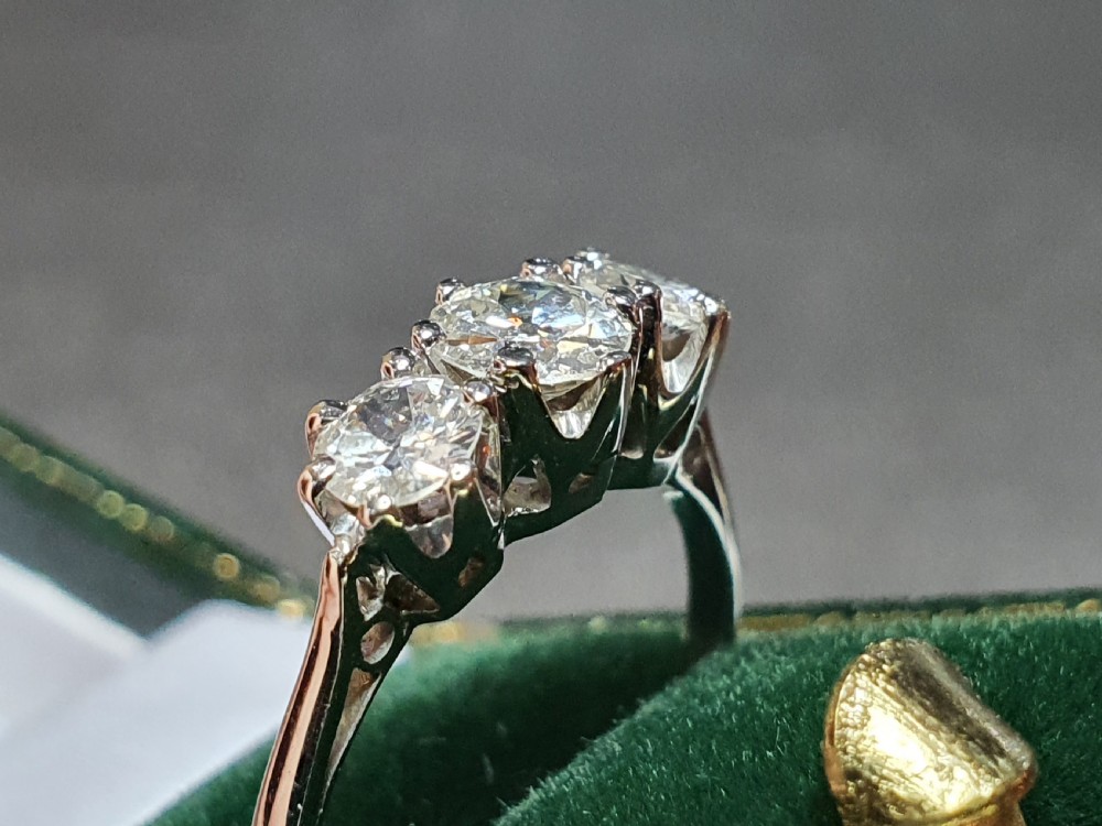Antique 18ct White Gold 1.00ct Old Cut Diamond Trilogy Ring c1920 (N1/2) View IV