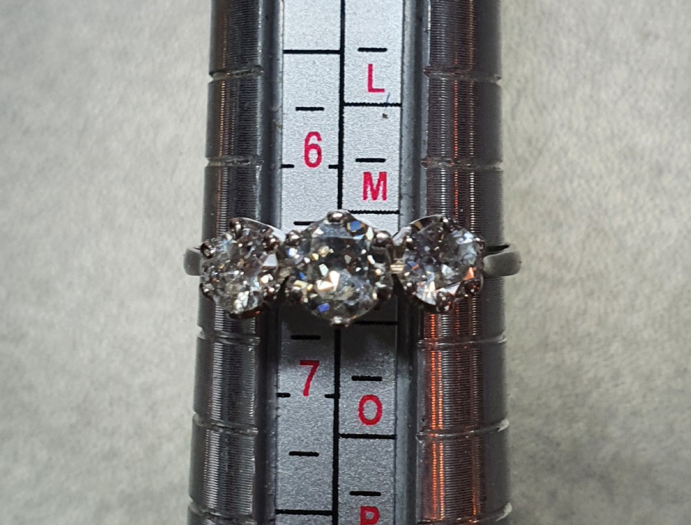 Antique 18ct White Gold 1.00ct Old Cut Diamond Trilogy Ring c1920 (N1/2) View VIII