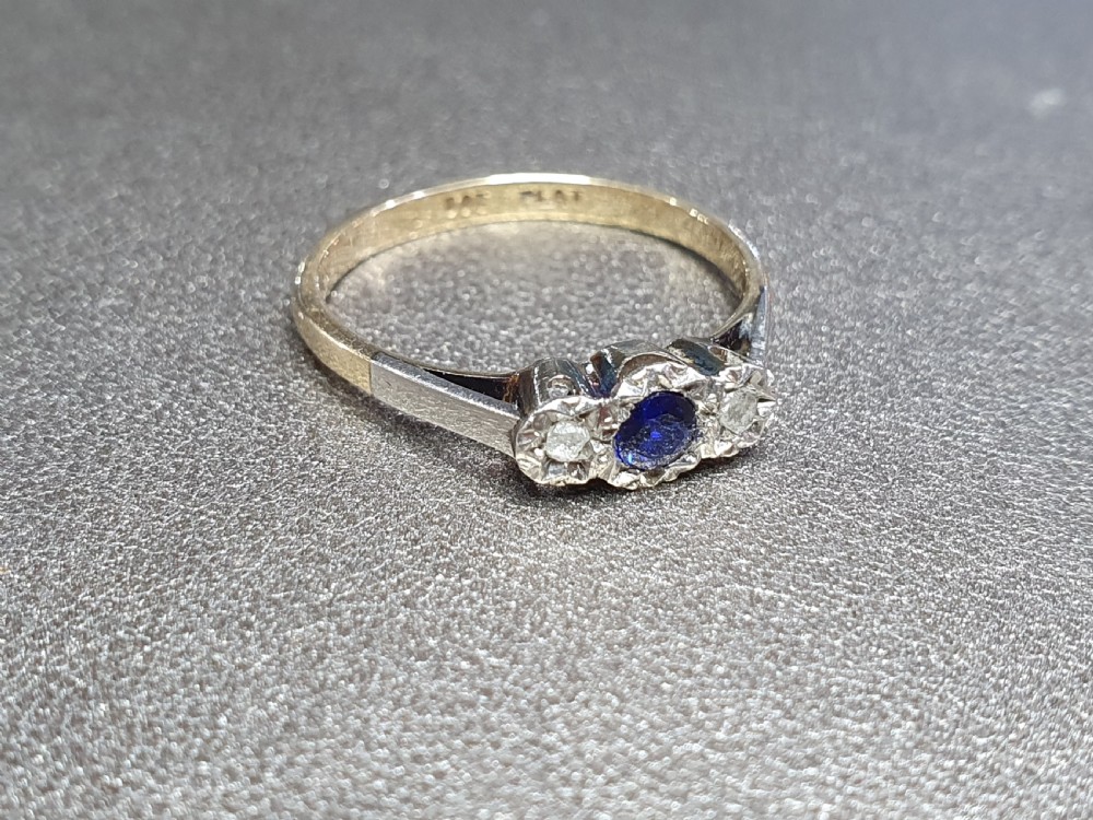 Art Deco Sapphire & Old Cut Diamond Platinum Set 9ct Gold Ring- Size L1/2 View V