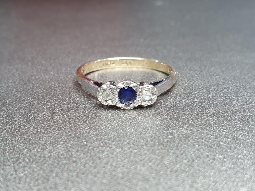 Art Deco Sapphire & Old Cut Diamond Platinum Set 9ct Gold Ring- Size L1/2 View IV