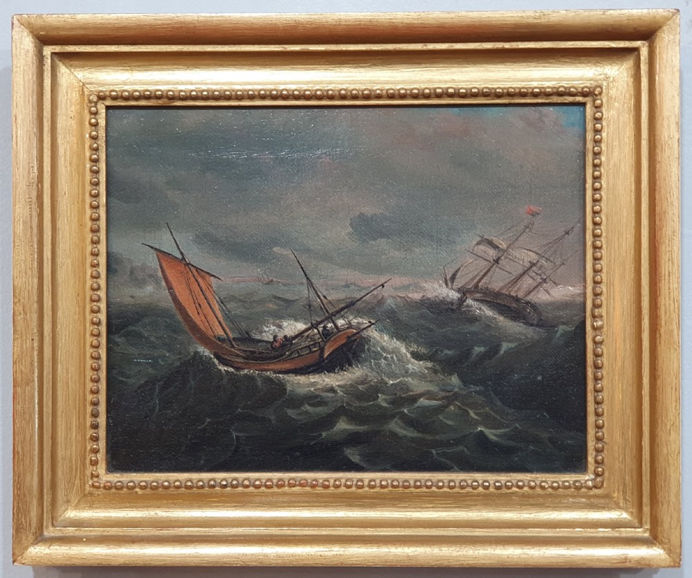 Oil on Canvas of Ships in Stormy Seas Circa 1800