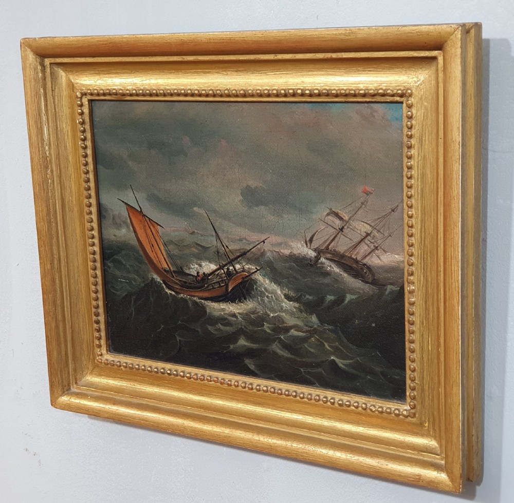 Oil on Canvas of Ships in Stormy Seas Circa 1800 View VII