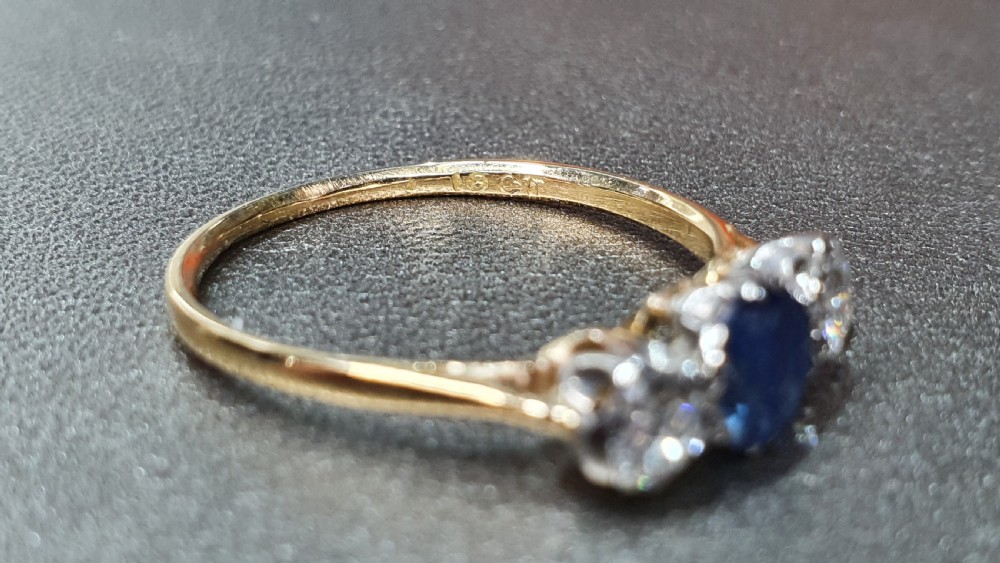 Art Deco 1920s Sapphire & Diamond 1ct Trilogy Ring 18ct Gold - size P1/2 View III
