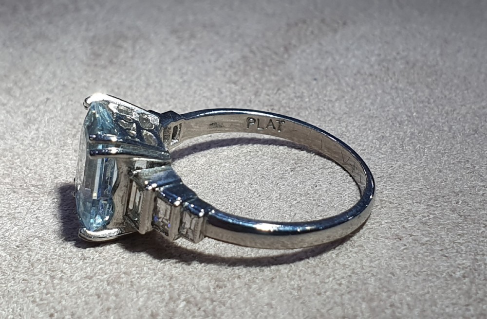 Art Deco Emerald Cut 3ct Aquamarine Diamond Shoulders Platinum Ring £4000 View VIII