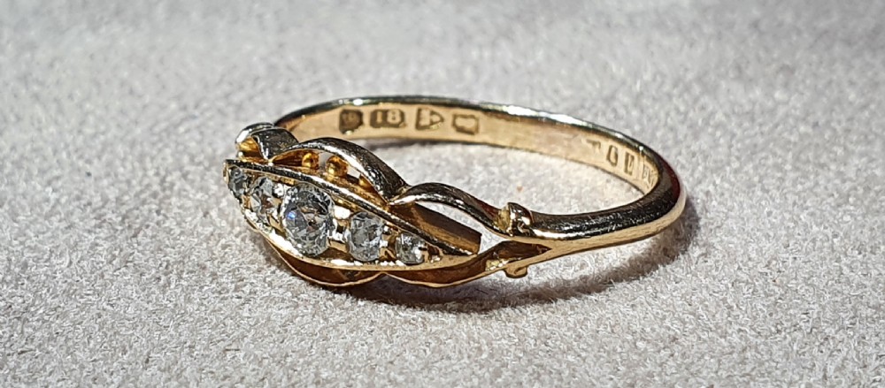 Edwardian Rose Cut 5 Diamond 18ct Gold Ring Chester Hallmark - size M View V