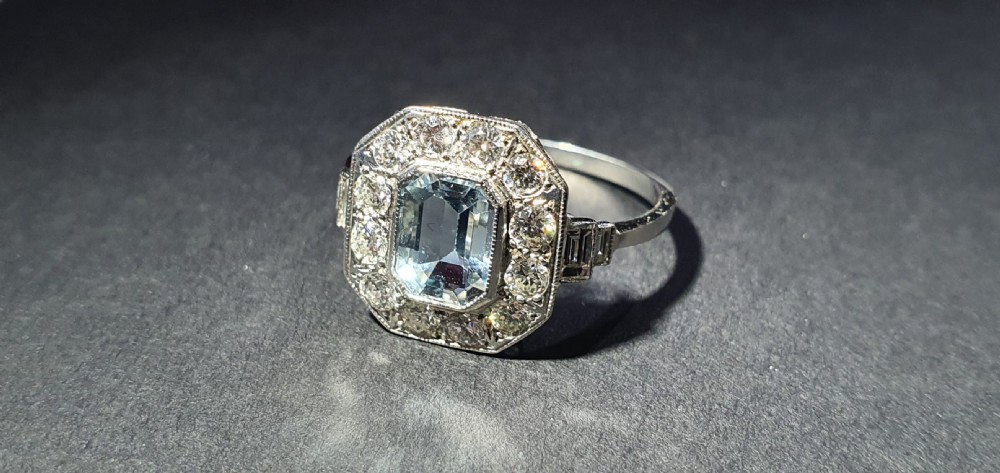 Art Deco 0.75ct Baguette Cut Aquamarine & Diamond Platinum Ring - Size N1/2 View III