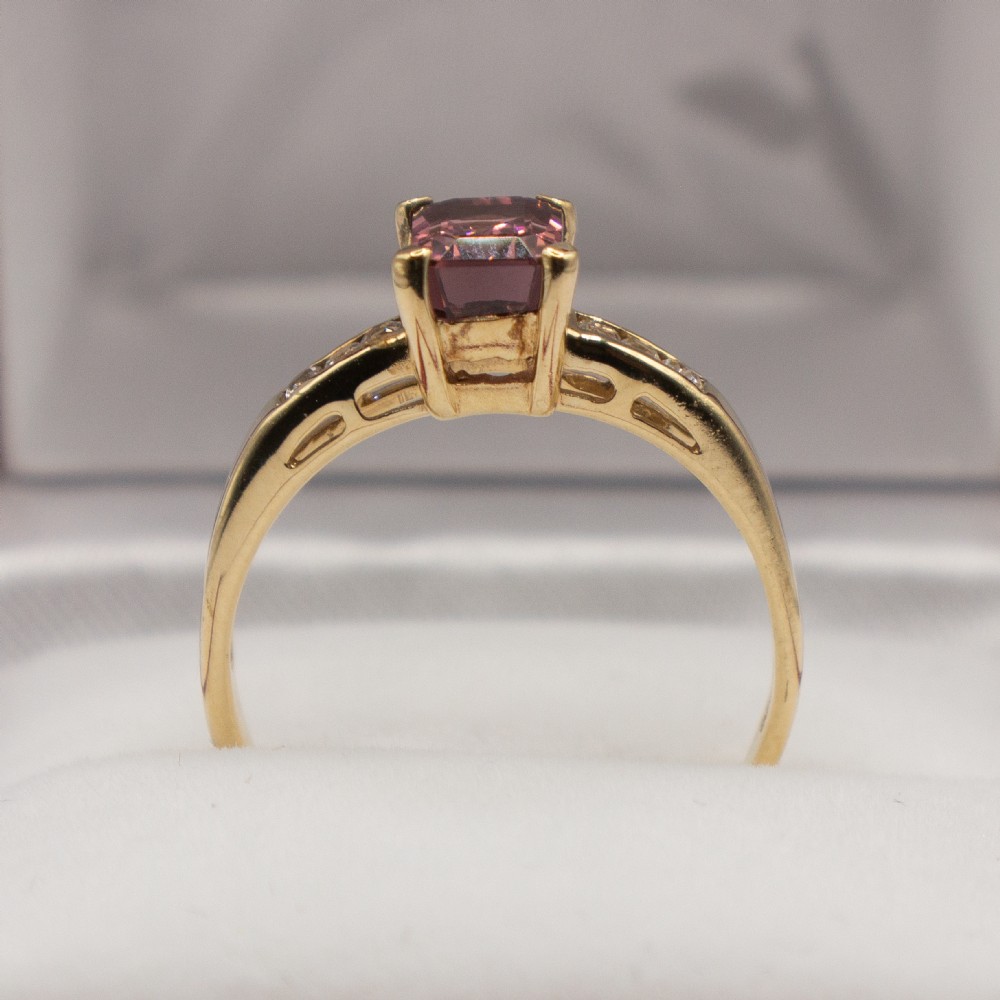 Emerald Cut Watermelon Pink Tourmaline Topaz Shoulders 9ct Gold Ring View V