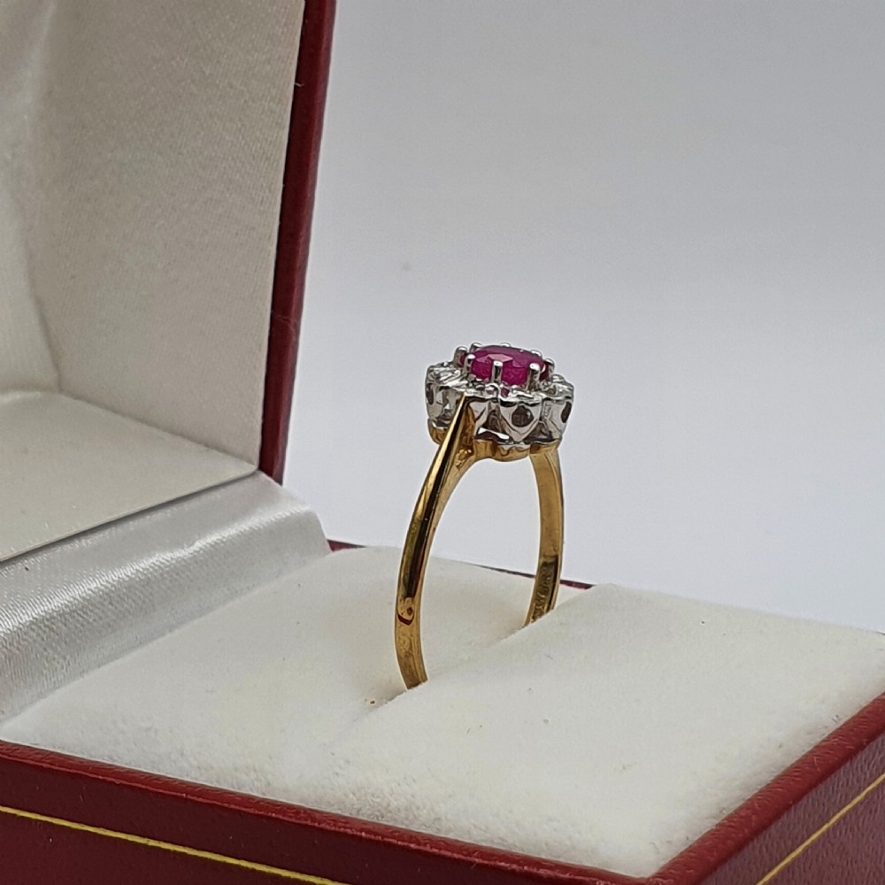 Art Deco Design Oval Cut Ruby & Diamond Halo Platinum Setting & 9ct Gold Band - Size N View III
