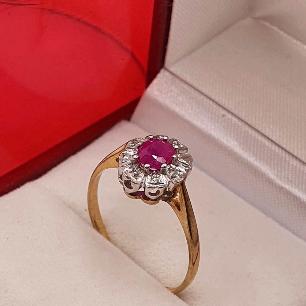 Art Deco Design Oval Cut Ruby & Diamond Halo Platinum Setting & 9ct Gold Band - Size N View VII