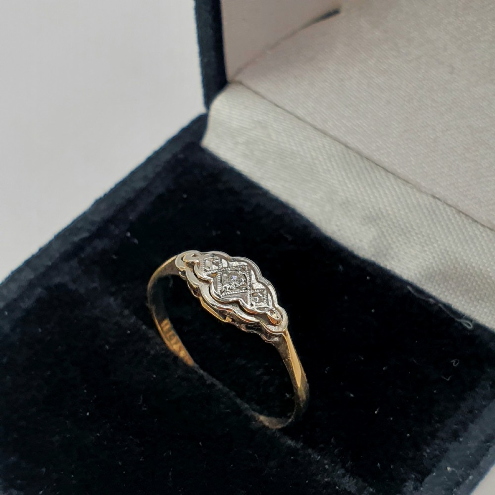 Art Deco Scalloped Edge Platinum Set Diamonds in Geometric Design on 18ct Gold ring Size L View VI