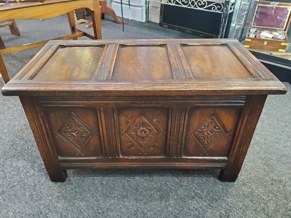 Small Oak 3 Panelled Coffer 19th Century View II