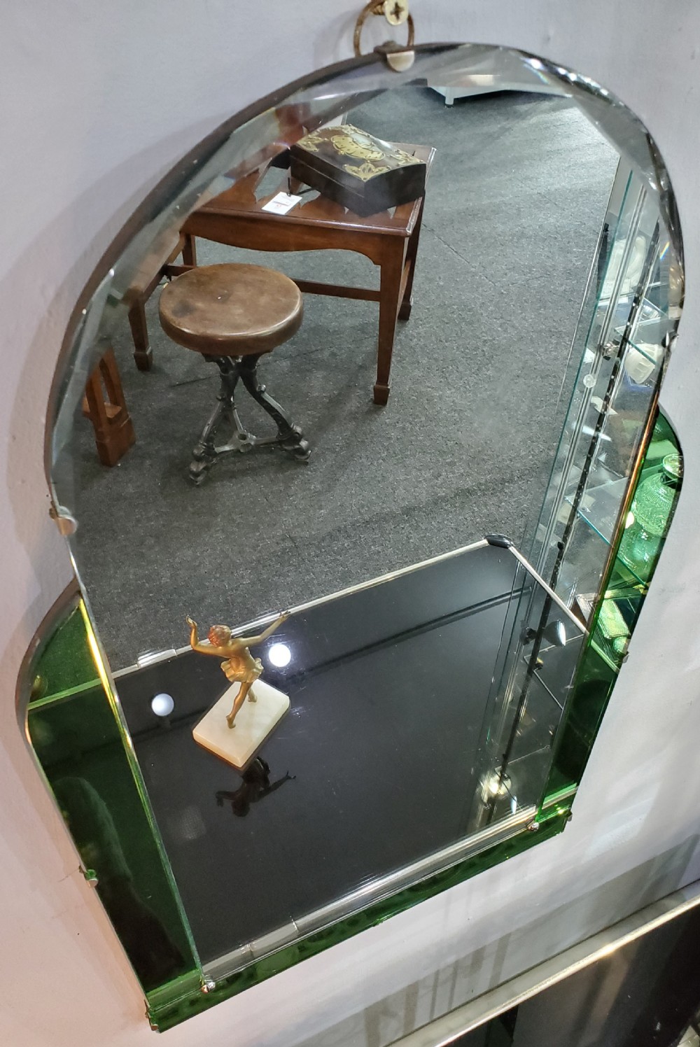 Art Deco Arch Shaped Mirror with Green Glass Border c1930 View II