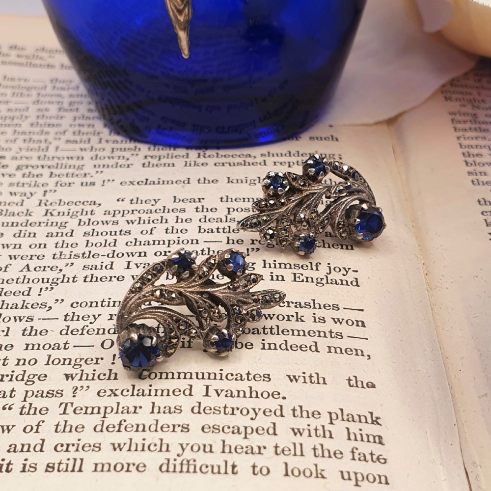 Art Deco Sterling Silver Sapphire & Marcasite Earrings c1930s