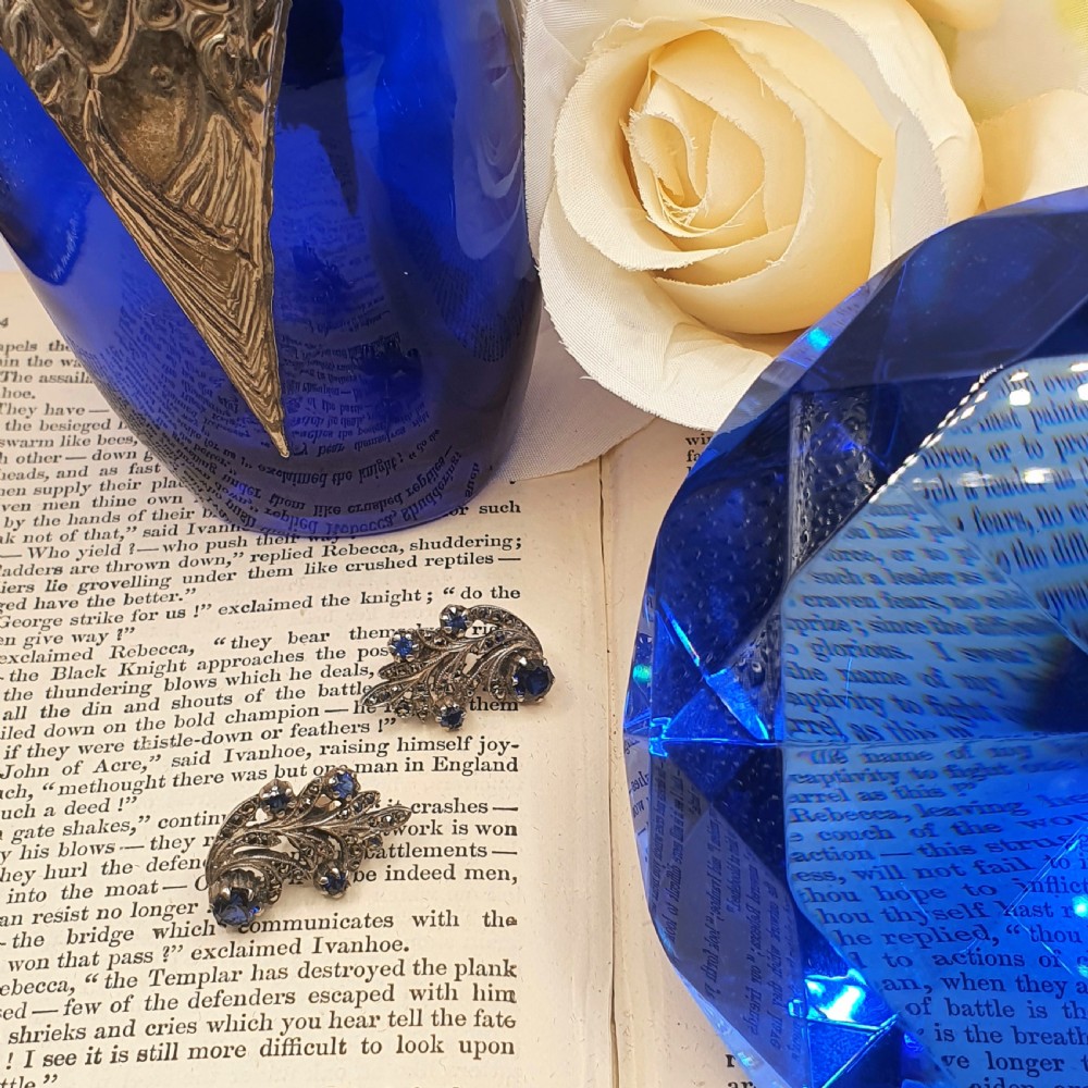 Art Deco Sterling Silver Sapphire & Marcasite Earrings c1930s View II
