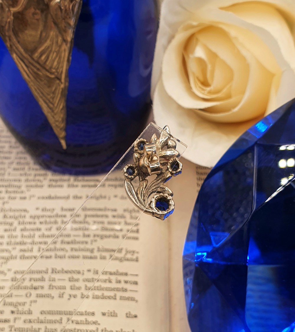 Art Deco Sterling Silver Sapphire & Marcasite Earrings c1930s View V