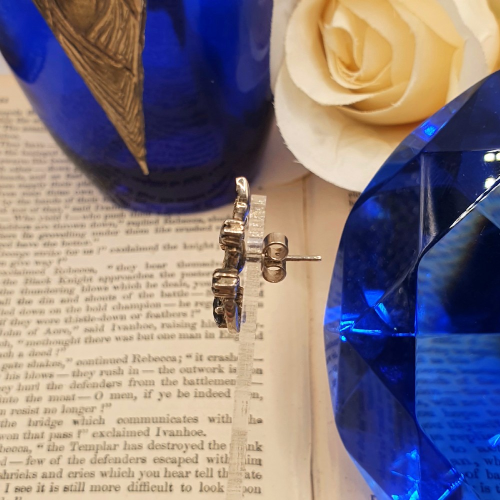 Art Deco Sterling Silver Sapphire & Marcasite Earrings c1930s View VI