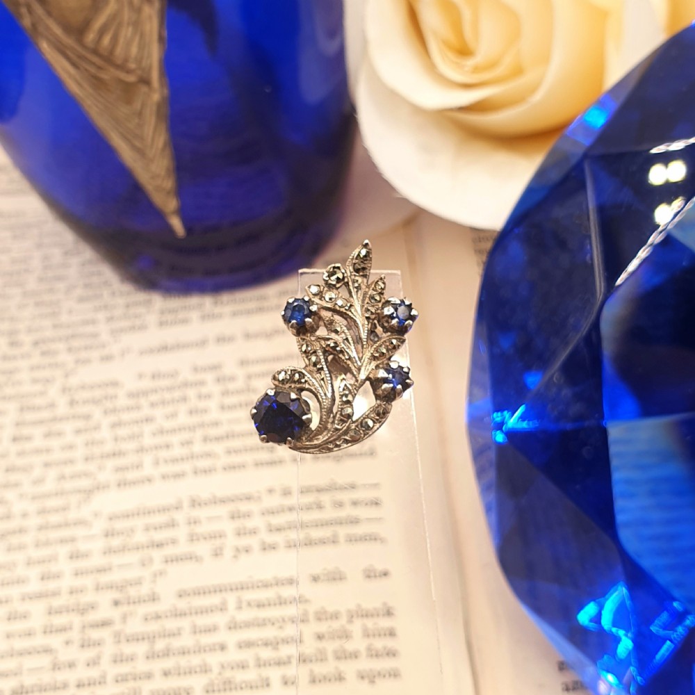 Art Deco Sterling Silver Sapphire & Marcasite Earrings c1930s View VII