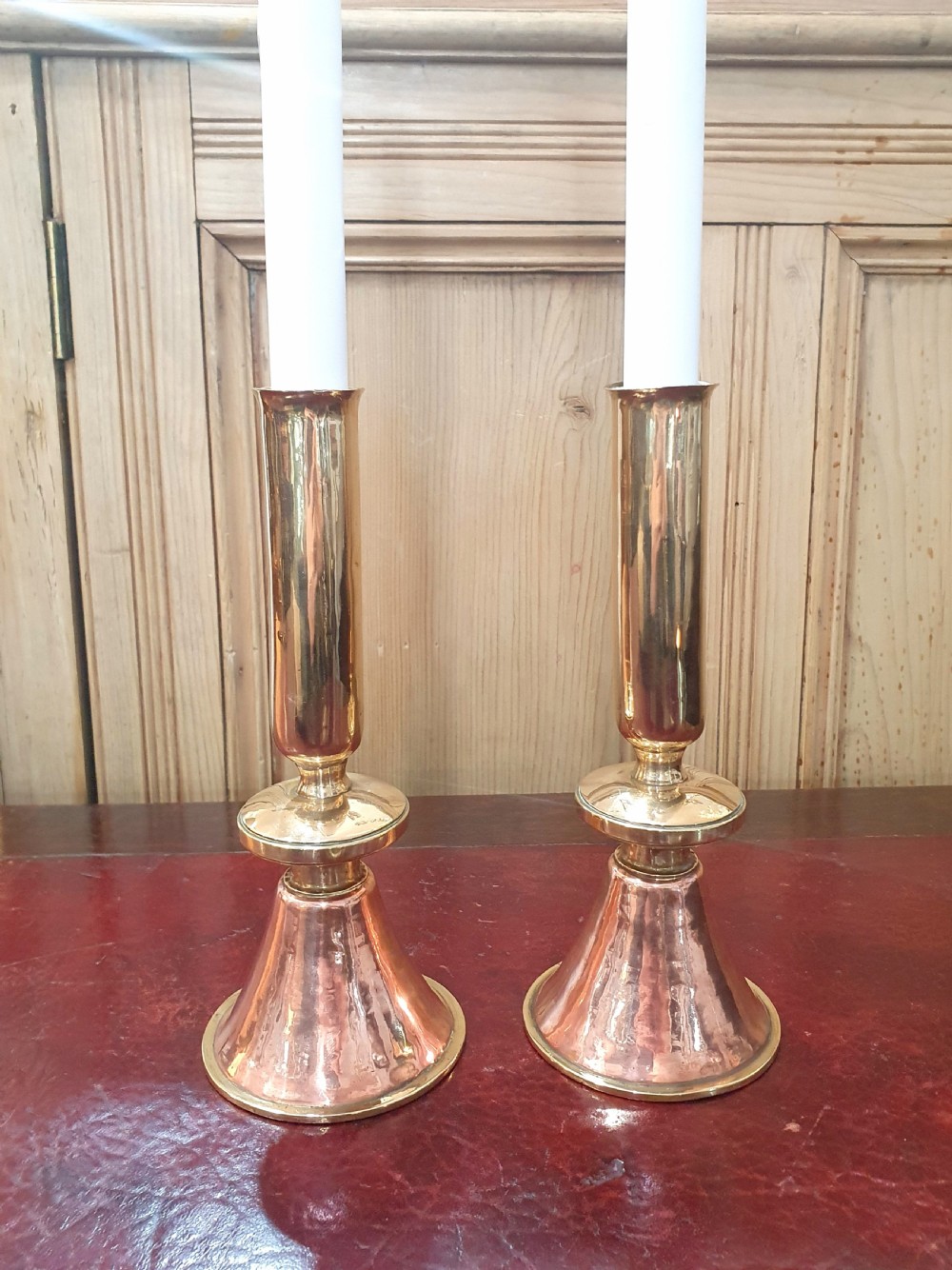 Fine Pair of Arts & Crafts Bell Shaped Brass & Copper Candlesticks c1900