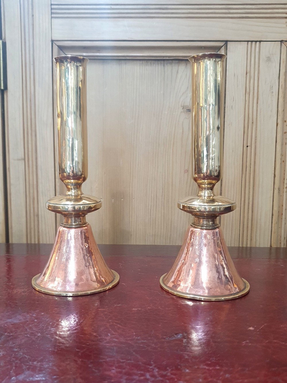 Fine Pair of Arts & Crafts Bell Shaped Brass & Copper Candlesticks c1900 View II