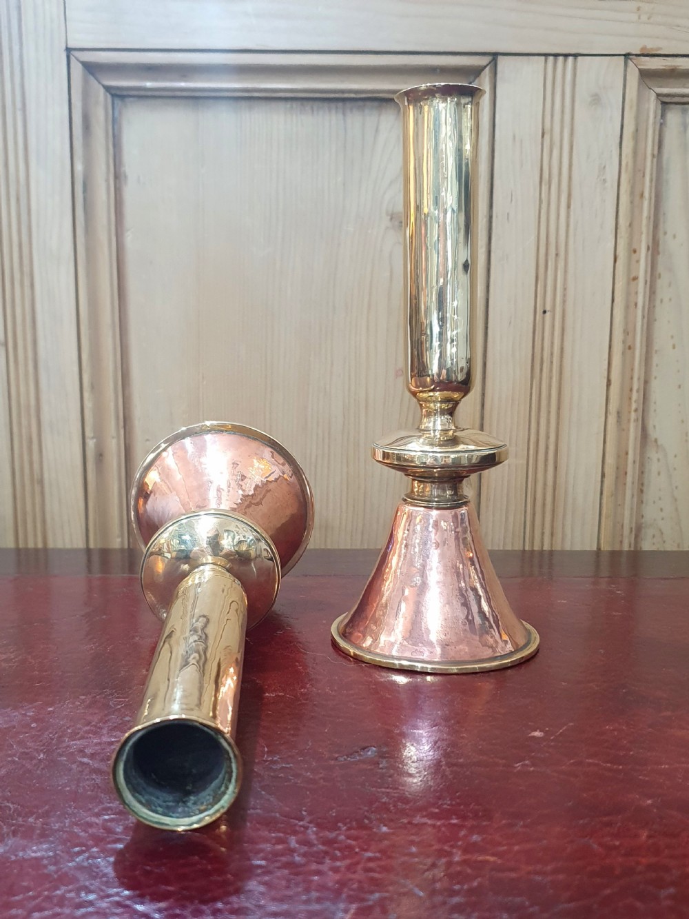 Fine Pair of Arts & Crafts Bell Shaped Brass & Copper Candlesticks c1900 View III