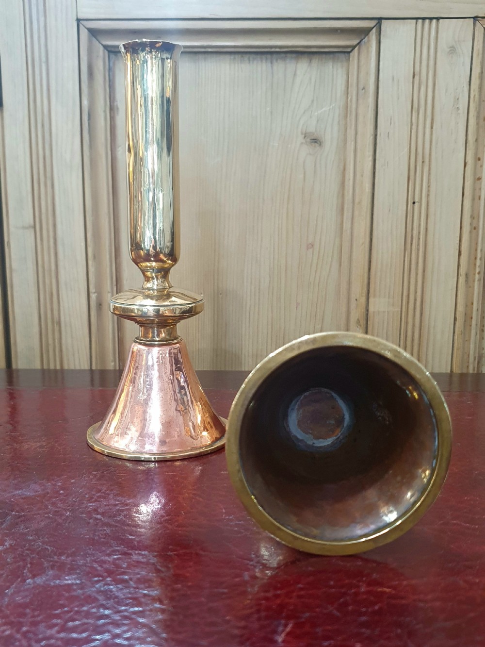 Fine Pair of Arts & Crafts Bell Shaped Brass & Copper Candlesticks c1900 View IV