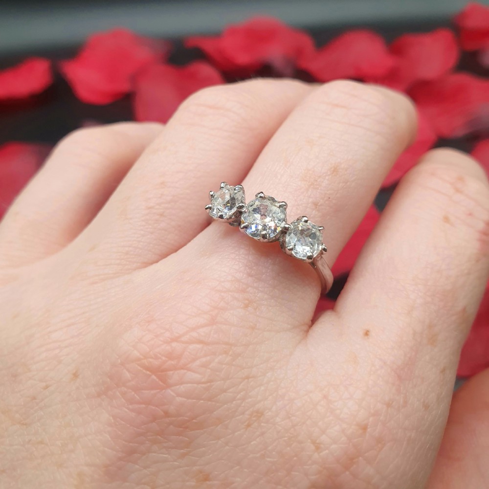 Edwardian 1.3ct Old Cut Diamond Trilogy 18ct White Gold Platinum £4500 View V