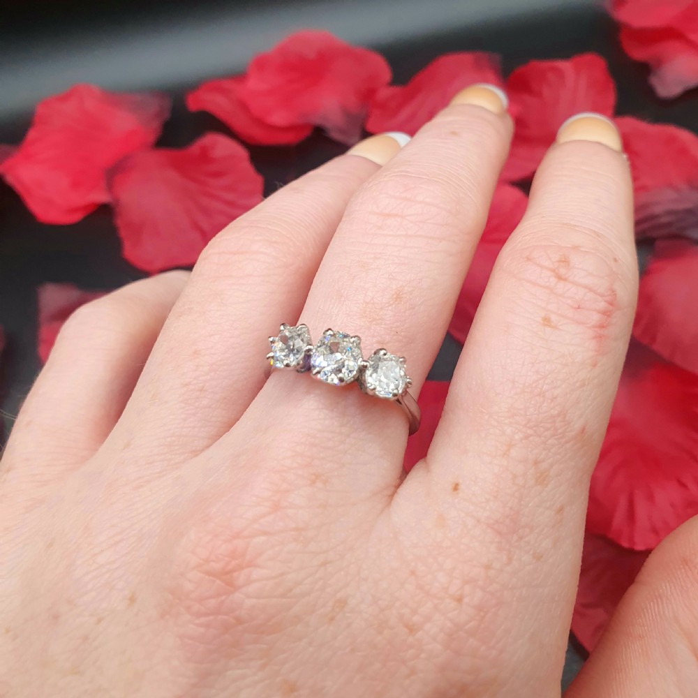 Edwardian 1.3ct Old Cut Diamond Trilogy 18ct White Gold Platinum £4500 View XI