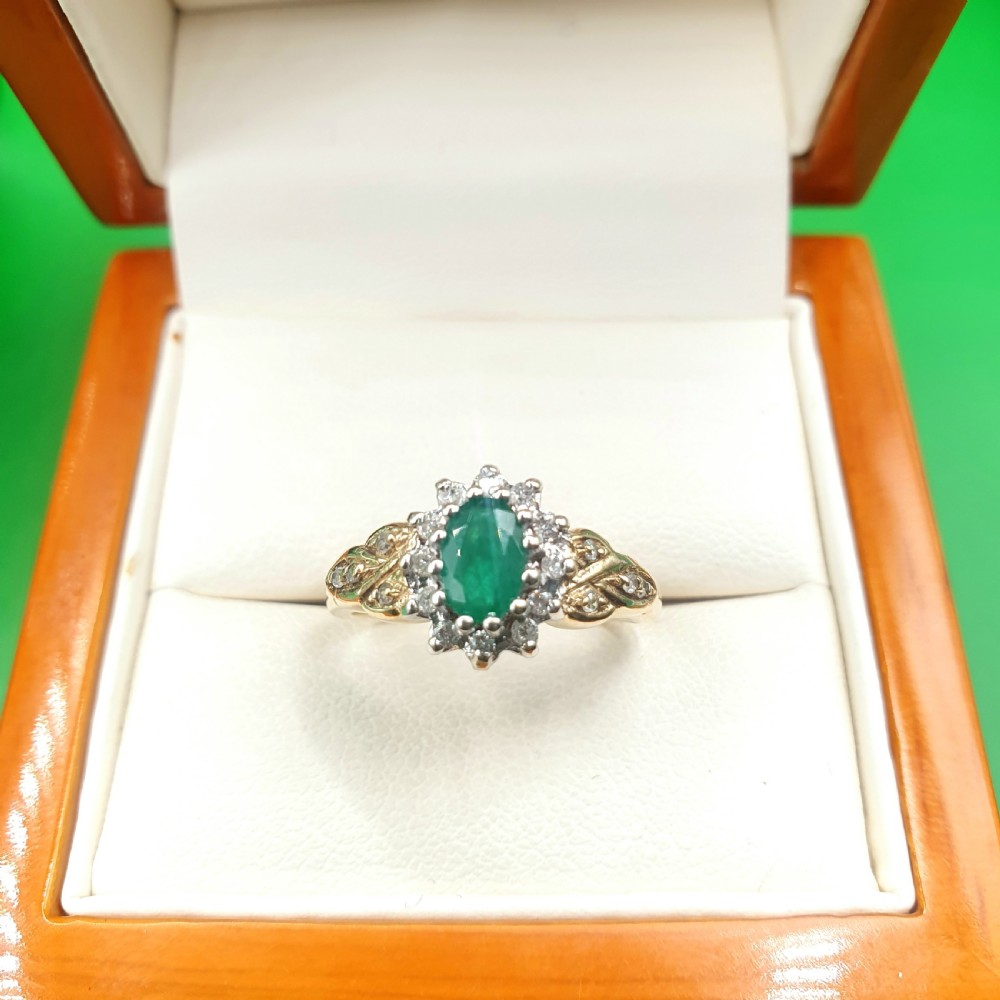 Emerald & Diamond Cluster Ring on 9ct Gold - size L