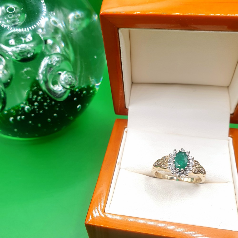 Emerald & Diamond Cluster Ring on 9ct Gold - size L View II