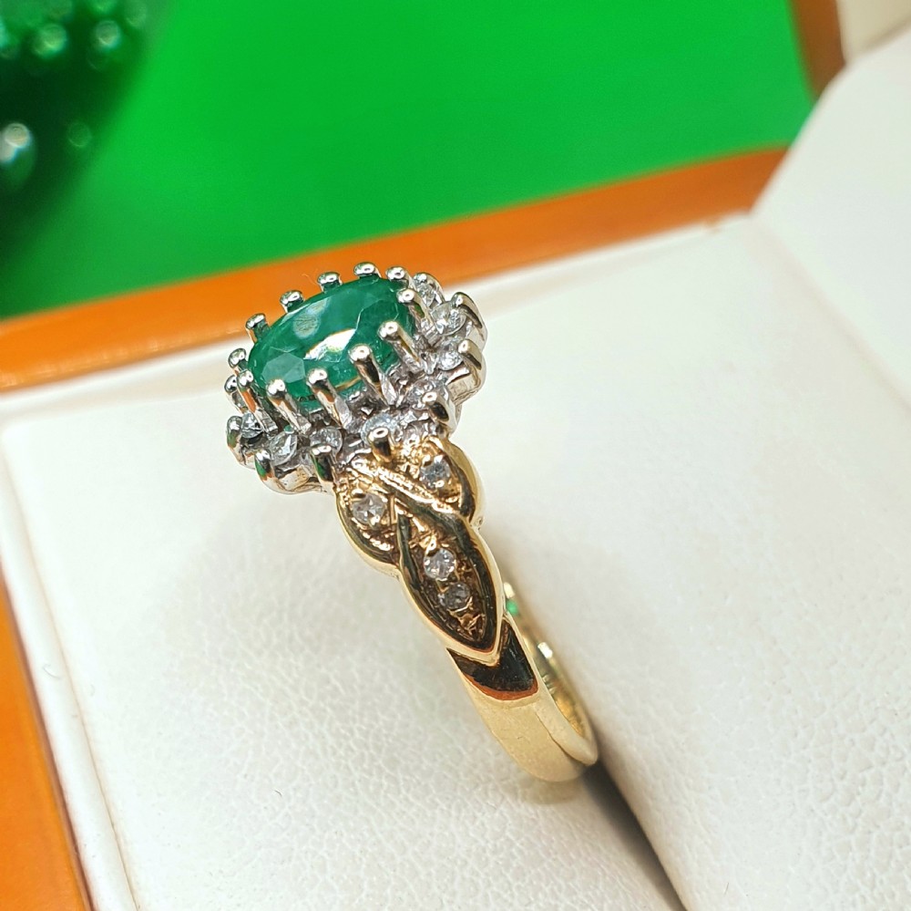 Emerald & Diamond Cluster Ring on 9ct Gold - size L View III