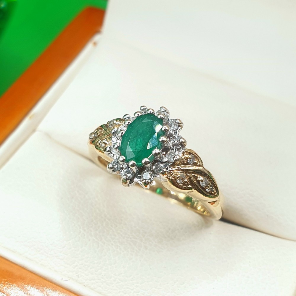 Emerald & Diamond Cluster Ring on 9ct Gold - size L View IV