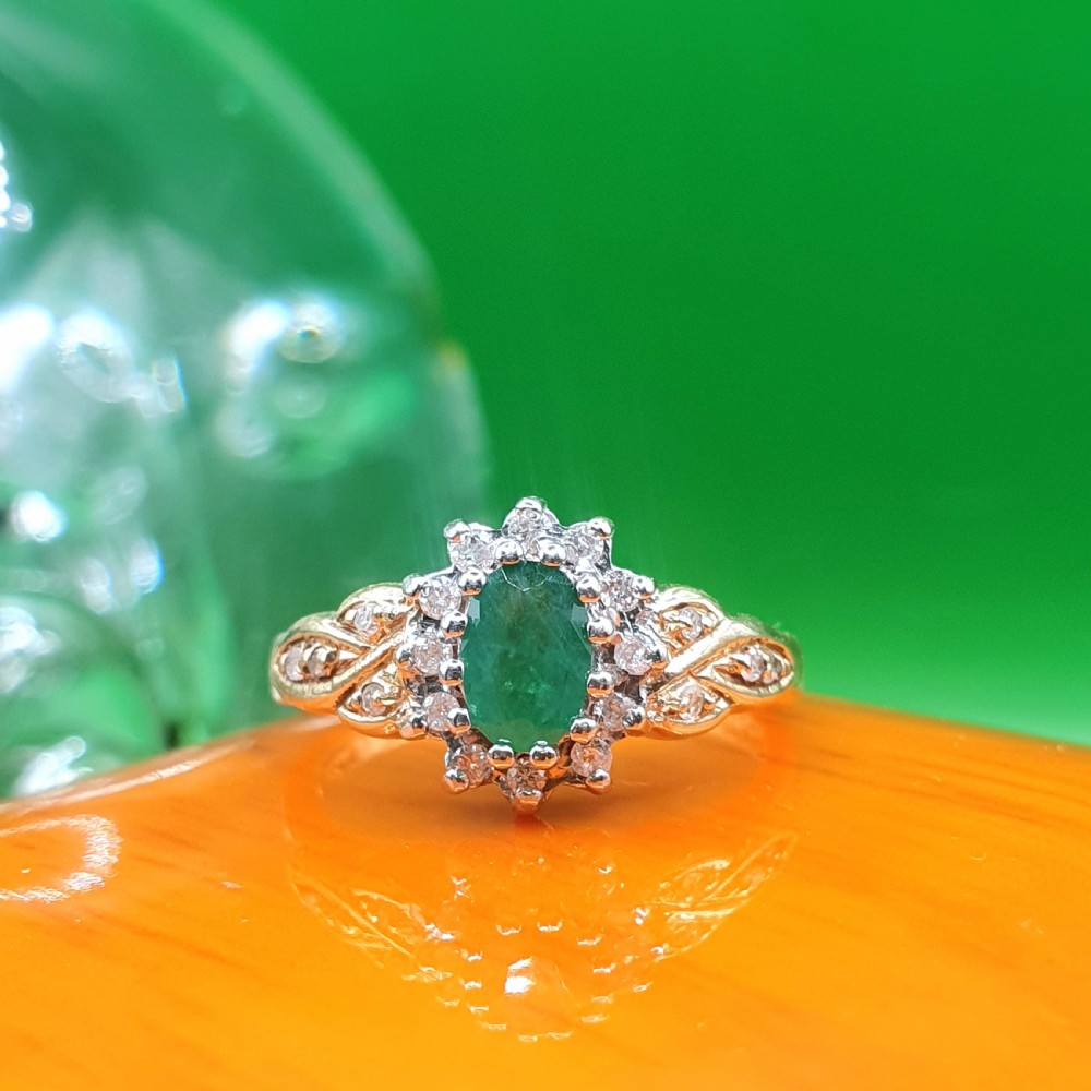 Emerald & Diamond Cluster Ring on 9ct Gold - size L View V