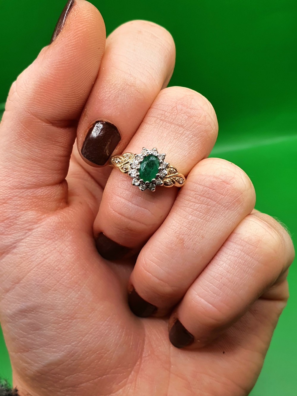 Emerald & Diamond Cluster Ring on 9ct Gold - size L View IX