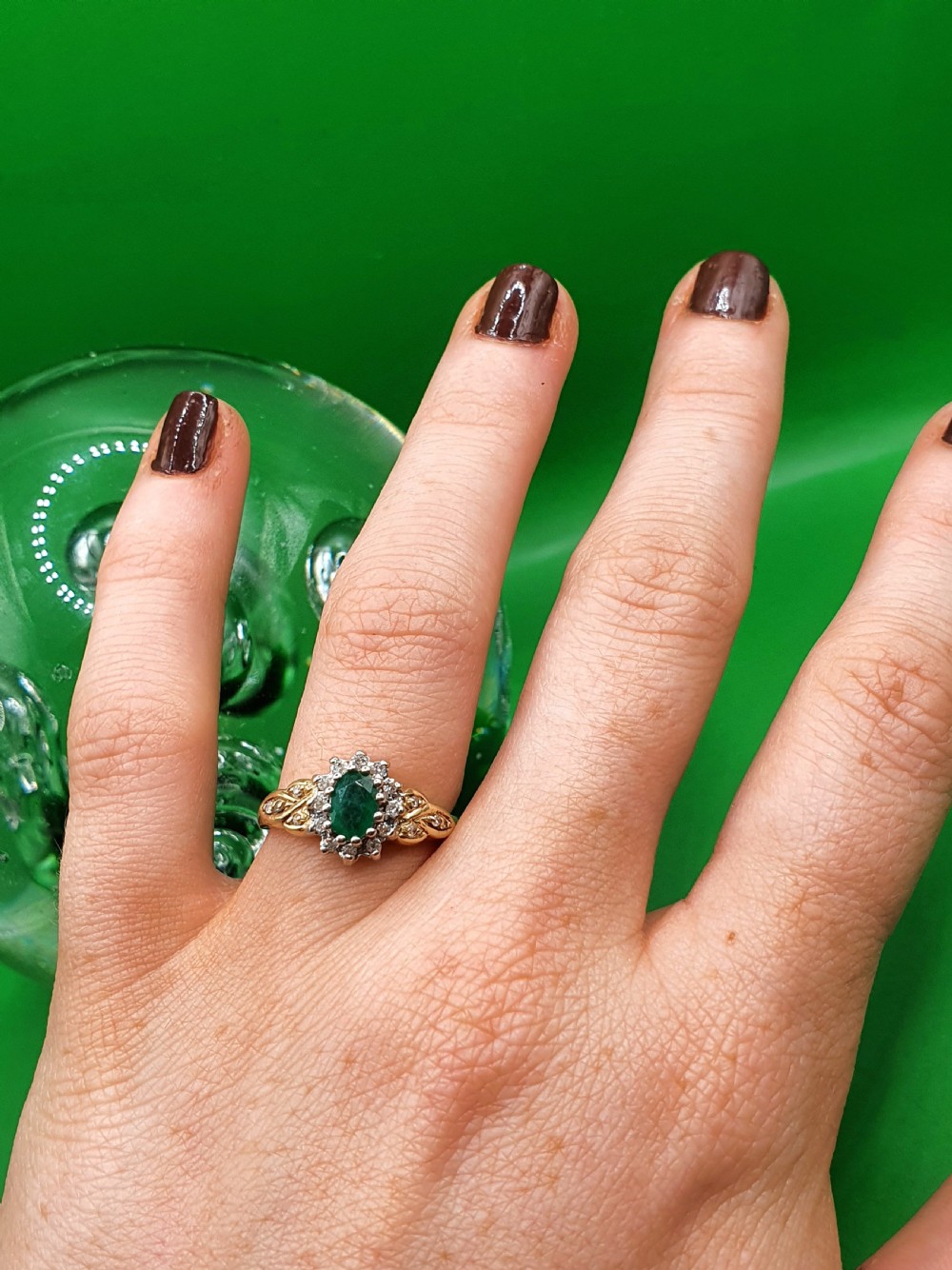 Emerald & Diamond Cluster Ring on 9ct Gold - size L View X