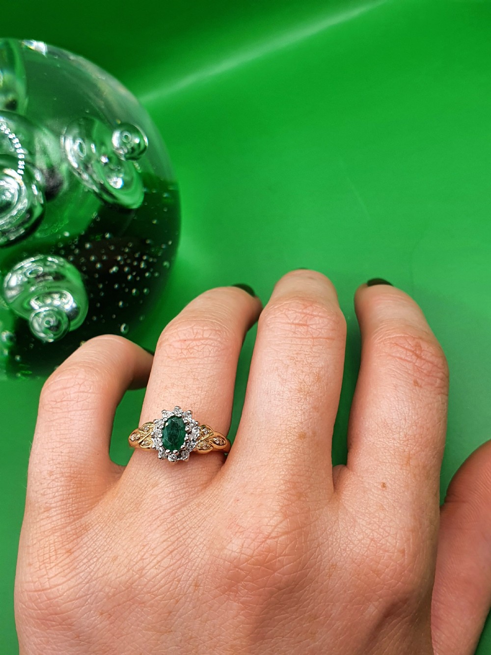Emerald & Diamond Cluster Ring on 9ct Gold - size L View XI
