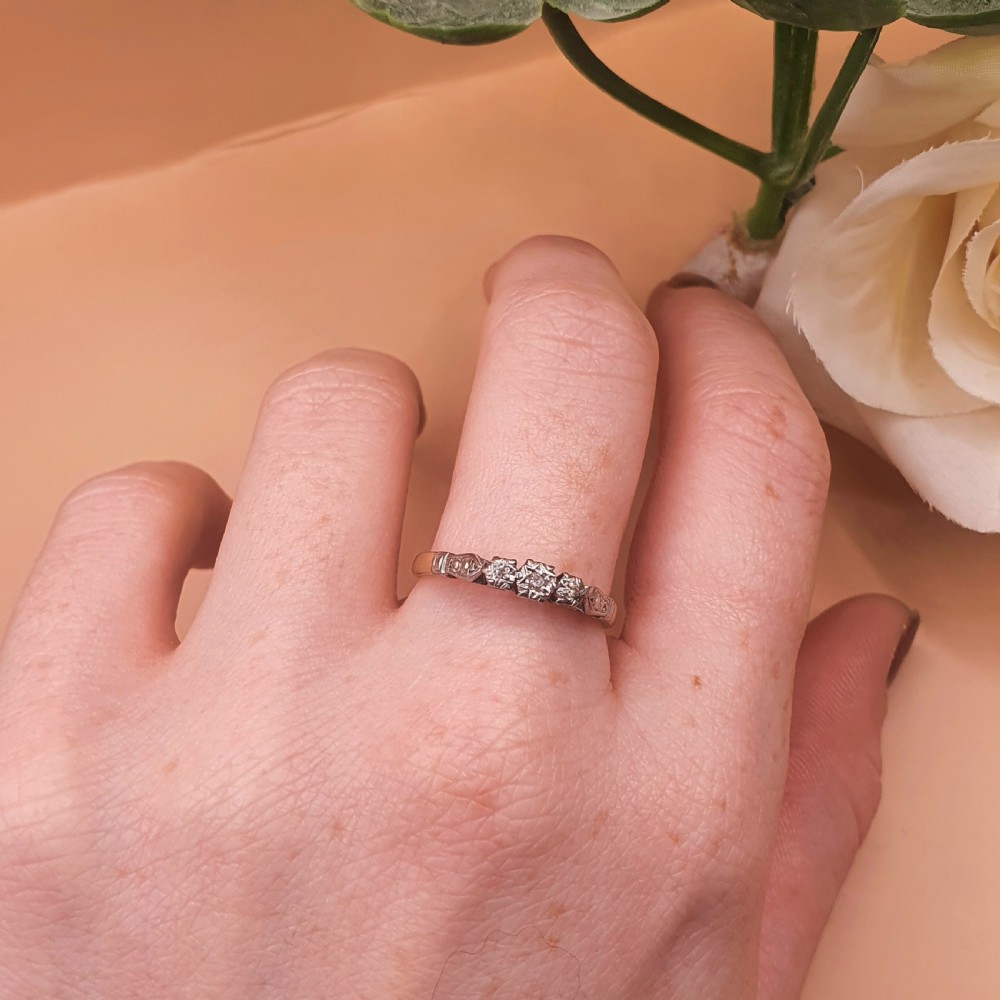 Art Deco Diamond & Platinum Shoulder Trilogy Ring - size O View X