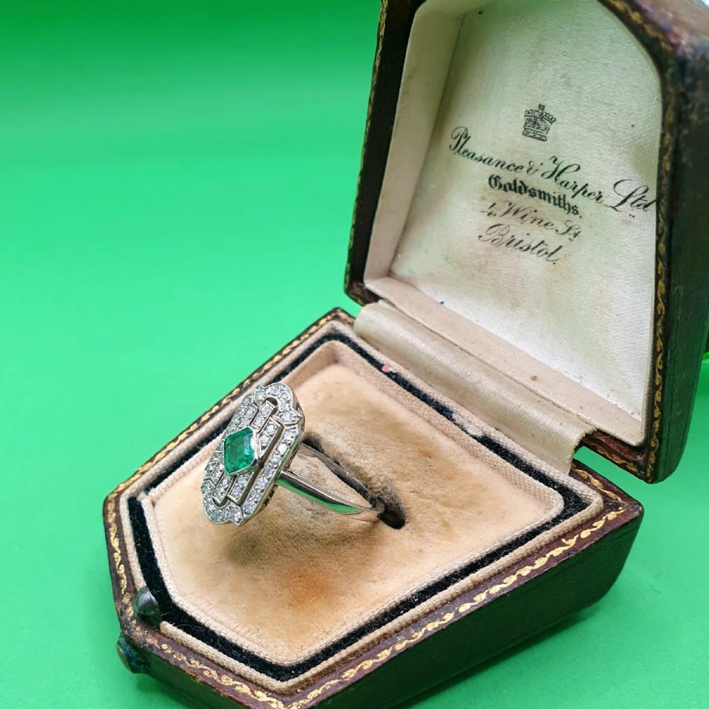 Art Deco Emerald & Diamond Cluster Panel Ring - size M1/2 View II