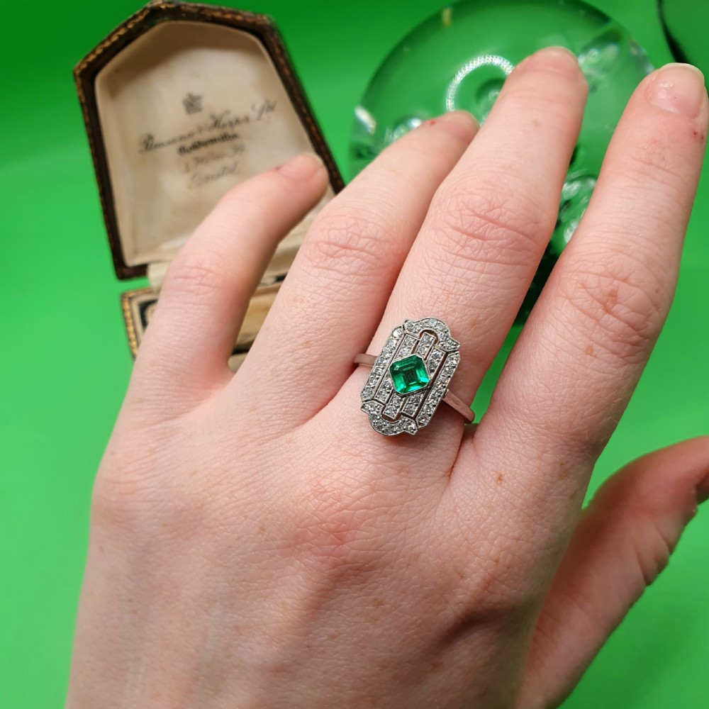 Art Deco Emerald & Diamond Cluster Panel Ring - size M1/2 View X