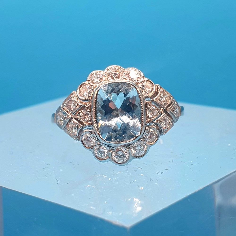 Art Deco Aquamarine & Diamond on Platinum Ring - size O