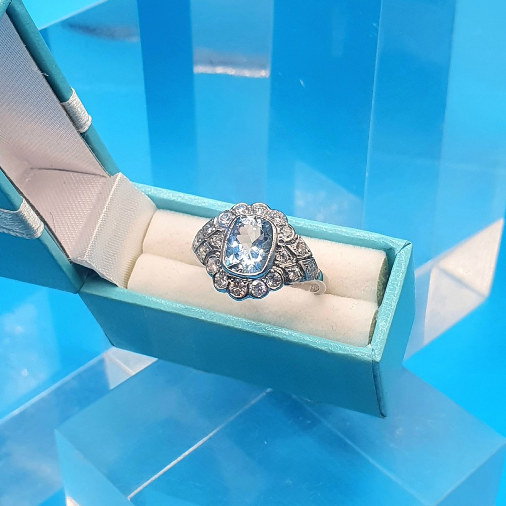 Art Deco Aquamarine & Diamond on Platinum Ring - size O View II