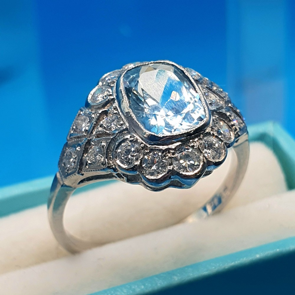 Art Deco Aquamarine & Diamond on Platinum Ring - size O View V