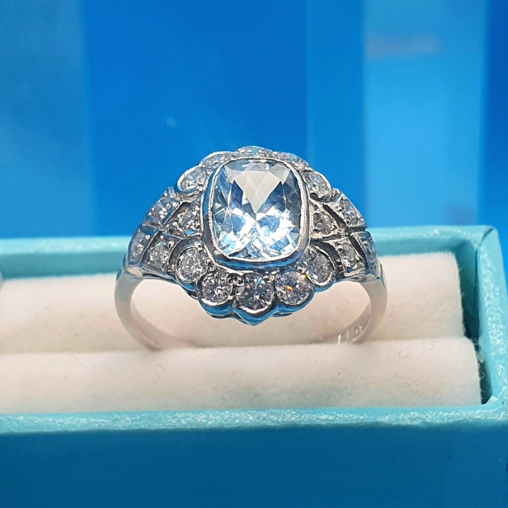 Art Deco Aquamarine & Diamond on Platinum Ring - size O View VI