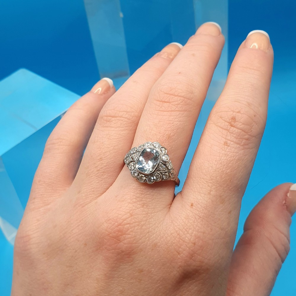 Art Deco Aquamarine & Diamond on Platinum Ring - size O View VIII