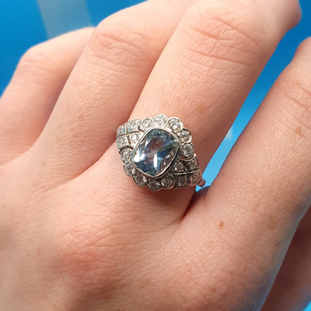 Art Deco Aquamarine & Diamond on Platinum Ring - size O View IX